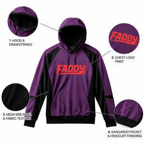 Sweat à capuche de sport personnalisé pour homme, violet et noir, avec empiècements en maille, pull-over athlétique pour la gym, vêtement d'entraînement, vente en gros, streetwear, haut - Product Image 4