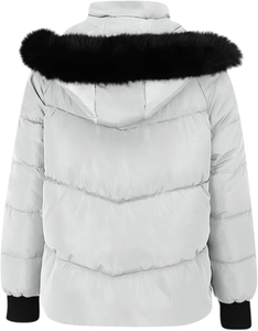 Blouson matelassé blanc épais en polaire à capuche avec garniture en fourrure, coupe-vent, fermeture éclair, décontracté, pour l'hiver, unisexe, coupe ajustée, devant classique - Product Image 2
