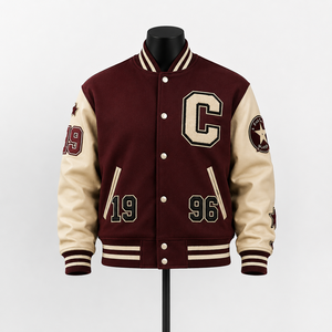 Custom <b>Burgundy</b> Varsity Letterman <b>Jacket</b> Wool Body <b>Leather</b> Sleeves Baseball Bomber <b>Jacket</b> - Product Image 1