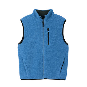 Men's Blue Stand Collar <b>Zippered</b> Velour Vest Casual Plus Size Autumn Outerwear Solid Color Regular Length 100% Polyester - Product Image 1