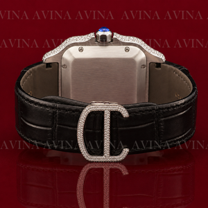 Reloj de Lujo con Diamantes Moissanite Estilo Hip Hop para Hombre |   Reloj de pulsera con correa de cuero negro y visualización de fecha con números romanos - Product Image 2