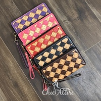 Nouvel Arrivage – Pochette de Luxe en Cuir Véritable à Motif Damier, Fermeture Éclair, Portefeuille de Poignet, Porte-Cartes de Crédit ATM – Vente Flash