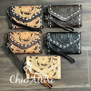 Low Price Fashionable Western Style Genuine Cowhide Leather Cowgirl Wallet Floral Pattern <b>Wristlet</b> Clutch for Travel Organizer - Product Image 1