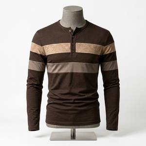 Custom Mens Long Sleeve Striped Henley Shirts Coffee Patchwork T Shirt Breathable Soft Cotton Fitness Apparel Tops Tees - Product Image 5