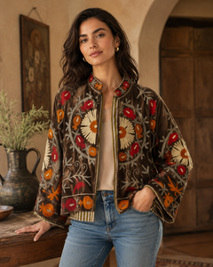 <b>Women</b> Brown Suzani <b>Velvet</b> <b>Jacket</b> Handmade Floral Embroidered Boho Ethnic Winter Coat Vintage Artisan Premium Designer Outerwear - Product Image 3