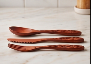 Ensemble de couverts en bois de haute qualité avec motif feuille, finition artisanale, parfait pour les restaurants, la salle à manger, la cuisine et les hôtels. - Product Image 3