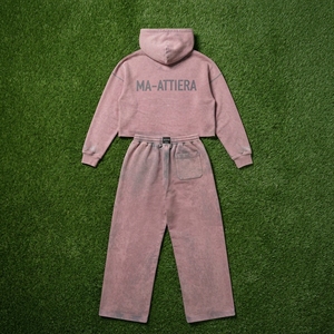 Custom Women Acid Wash <b>Pink</b> Cropped Hoodie Wide Leg Sweatpants Two Piece <b>Tracksuit</b> OEM Wholesale - Product Image 6