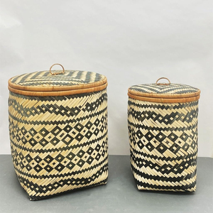 <b>Bamboo</b> storage bin with lid premium natural fiber <b>baskets</b> handcrafted hamper bins for sale - Product Image 3
