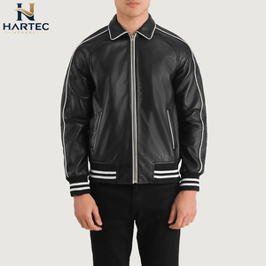 Vestes universitaires en similicuir noir de qualité supérieure pour les anciens élèves, avec col chemise à passepoil blanc, fermeture éclair frontale et poignets rayés - Product Image 2