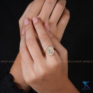 Ensemble de bagues de mariée ethniques en or massif avec diamants de laboratoire, double halo vintage, bijoux fins sur mesure pour femme, cadeau d'anniversaire - Product Image 5