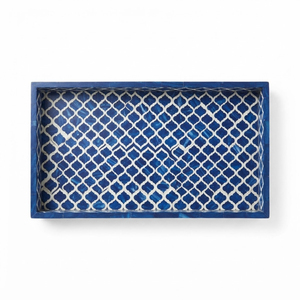 Plateau décoratif de luxe fait main en os incrusté noir et blanc, motif marocain à quatre feuilles, pour table basse et ottoman - Product Image 6