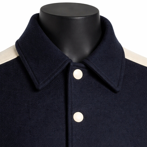Comfortable Sleeves And Secure Front <b>Men</b> Varsity <b>Jacket</b> Featuring <b>Sherpa</b> Lined Interior Wool Blend Exterior Striped Ribbed Trims - Product Image 4