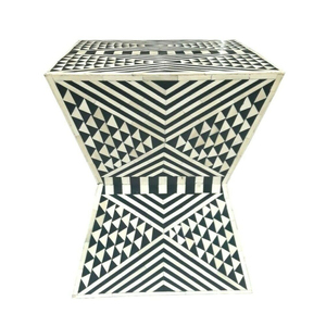 Tabouret géométrique noir et blanc fait main avec incrustation d'os, table d'appoint de luxe en forme de sablier, meuble d'appoint moderne pour salon, vente en gros - Product Image 1