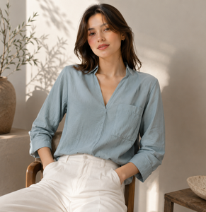 Women's <b>Linen</b> Shirt Long Sleeve Solid Color V-Neck Loose Fit Breathable Minimalist Style Spring Summer <b>Top</b> Vietnam Factory OEODM - Product Image 1