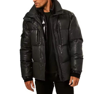 Blouson matelassé noir en similicuir avec un design double couche, qualité supérieure, style streetwear, col montant, chaud et confortable. - Product Image 2