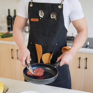 Tablier unisexe noir 2026 en gros, manches courtes, bretelles en toile, pour restaurant, barman, serveur, personnel, couleur et logo personnalisables, OEM - Product Image 6