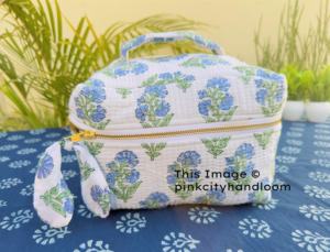 Natural Cotton Fashion <b>Vanity</b> <b>Bags</b> Zipper Quilted Cosmetic Pouch Customized Design Makeup Accessory Women Hand Block Print Blue - Product Image 2