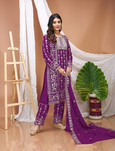 Ensemble Salwar en Georgette Violet Brodé pour Femme, Style Traditionnel Indien et Pakistanais, Tenue Décontractée, Coupe Classique, Longueur au Sol, Ensemble Complet - Product Image 6