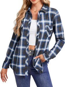Wholesale Womens Long Sleeve Plaid Flannel Shirt Double Chest Flap Pockets Blue Grey White <b>Checkered</b> Casual Button Down Blouse - Product Image 1