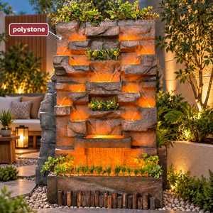 Fontaine murale en polystone avec cascade, éclairage LED, finition pierre rustique, cascade multi-niveaux autoportante, taille personnalisée, jardin - Product Image 3