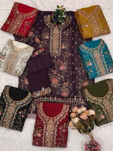 Nuevo Salwar Kameez semicompuesto de chifón con bordado de lentejuelas y trabajo Khatli en el cuello, tradicional para ocasiones festivas. - Product Image 2