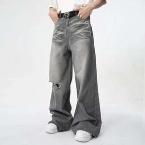 Custom Manufacturers Logo Men's Embroidered Baggy Jeans Loose Fit Straight Acid Wash Distressed Solid Casual Denim <b>Pants</b> - Product Image 1