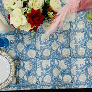 Classic Blue Floral Printed Cotton Linen <b>Tablecloth</b> Woven Washable Home Use Floral Printed Cotton Linen <b>Tablecloth</b> <b>Square</b> - Product Image 2