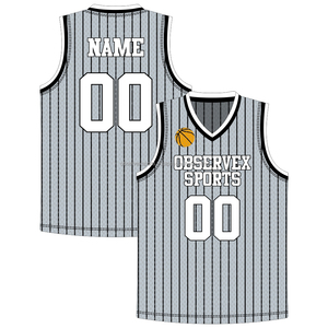Maillot de basket personnalisé OBSERVEX SPORTS en mesh, sublimation, débardeur à col en V, design rayé - Product Image 1
