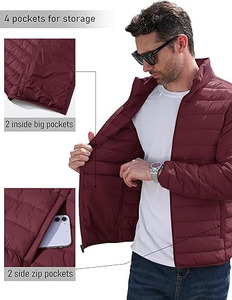 <b>Men's</b> Maroon Lightweight <b>Canvas</b> Puffer <b>Jacket</b> Stand Collar Zipper Closure Windproof Casual Winter Wear Solid Color Slim Front - Product Image 4