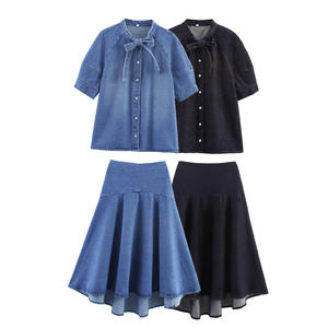 2 Colorway Bow Tie Denim Solid Color Button up Sleeveless Casual Eco-Friendly Vintage Jeans Blouse <b>Tops</b> Shirts for Women - Product Image 1