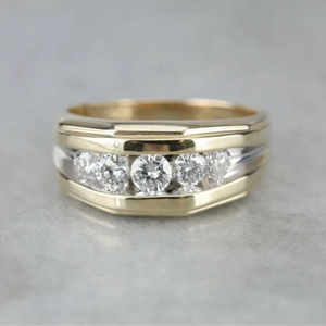 Bague de mariage vintage pour homme en moissanite, 5 pierres rondes, argent sterling 925 plaqué or jaune, TISHYA DIAMOND - Product Image 1