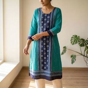 Ikkat <b>Arts</b> Aqua Teal <b>Sequin</b> Silk Kurta – Teal & Indigo Festive Ethnic Wear Kurta - Product Image 3