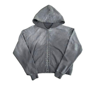Custom Logo Acid Wash Boxy Cropped Hoodie for Men Distressed Reverse Zip With <b>Sun</b> Faded Embroidery Double Hood - Product Image 4