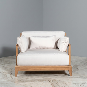 Fauteuil de salon d'extérieur en teck, style moderne du milieu du siècle, avec structure en bois apparent, siège de canapé et ottoman assorti pour mobilier de jardin et de terrasse - Product Image 4