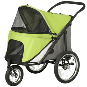 Passeggino per Cani a 3 Ruote, Pieghevole con Una Mano, Cuscino Morbido, Borsa Portaoggetti, Chiusura a Bottone - per Cani di Taglia Piccola e Media - Colore Verde Giallastro - Product Image 1