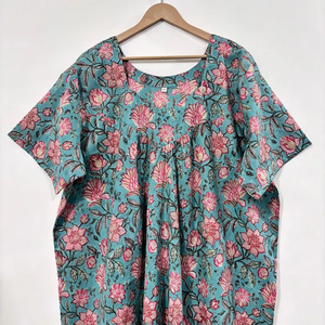Vestido Kaftán de Algodón Indio con Cuello en V, Estilo Boho, Hecho a Mano con Estampado de Bloques, Manga Murciélago, Borde en Contraste, Corte Acampanado de Verano para Mujer - Product Image 3