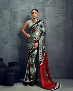 Sari de Rayón con Estampado Ajrakh para Mujer |   Étnico Tradicional Indio |   Ropa para festivales, bodas y Diwali, sin arrugas, que absorbe la humedad, holgada - Product Image 1