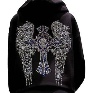 Sweat à capuche zippé pour homme avec ailes d'ange et croix gothique en strass, motif graphique scintillant noir de luxe 2026, style streetwear Y2K, coupe oversize - Product Image 5