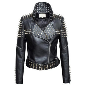 Nouvelle collection printemps-automne : Blousons en similicuir PU pour femmes et hommes, style motard, avec clous décoratifs - Product Image 1