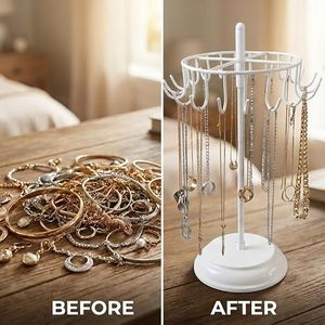 <b>Rotatable</b> Jewelry <b>Display</b> <b>Stand</b> With 20 Hooks For Necklaces Earrings Modern Round White Organizer Desk Accessory - Product Image 3
