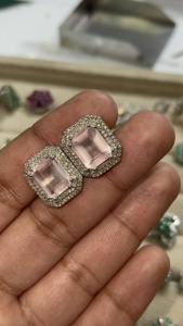 Emerald Cut Rose Quartz and Diamond Flower <b>Silver</b> <b>Stud</b> Earrings 92.5 Sterling <b>Silver</b> Earring - Product Image 2