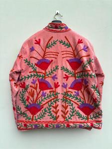 Luxury Pink <b>Velvet</b> Embroidered <b>Jacket</b> With Floral Pattern Full Sleeve Stand Collar Handmade Bohemian Winter Outerwear - Product Image 5
