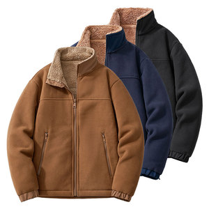 <b>Men's</b> <b>Fleece</b> <b>Jacket</b> Solid Color Stand Collar Full Zip Windproof Casual Winter Outerwear with <b>Sherpa</b> Lining and Zipper Pockets - Product Image 3