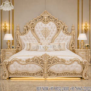 Muebles de dormitorio principal de madera de teca inspirados en el barroco imperial, hechos a medida, con hojas de oro real talladas, a precios de fábrica. - Product Image 2