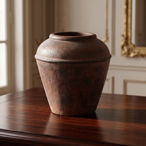 Rustic Distressed Dark Brown Pottery <b>Vase</b> Vintage Tabletop Flower Jar for Home Decor - Product Image 2