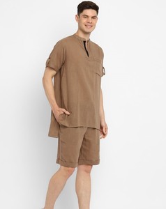 Ensemble T-shirt et short pour homme, couleur marron unie, manches courtes, col Henry, vêtements décontractés d'été, coton tissé respirant - Product Image 2
