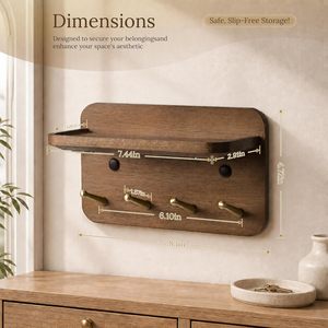 Porta Llaves Rectangular de Madera Maciza con Ganchos de Hierro e Imanes Ocultos, Diseño Flexible, Color Marrón Vintage, para Montar en la Pared - Product Image 2