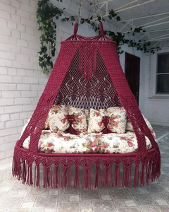 Macramé Hanging Patio Swing Chair Floral Mattress with Cushioned Canopy Outdoor Lounge Furniture Seat 2 People Bohemian Style - Product Image 4