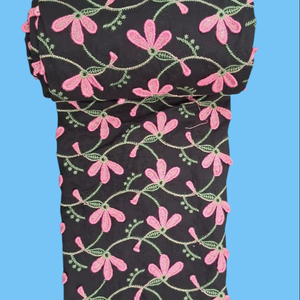 Tissu en coton noir de luxe avec broderie florale 3D rose – Textile respirant fait main pour robes féminines – Vente chaude - Product Image 4