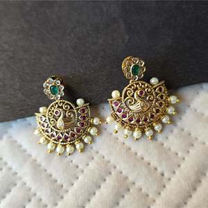 Vintage Peacock Chandbali Stud Earrings with Pearl Diamond Quartz & Zircon - Product Image 2